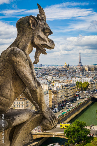Gargoyle on Notre Dame with skyline of Paris
