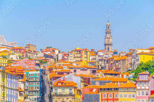 aerial view of porto dominated by torre dos clerigos tower, Portugal.