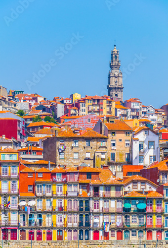 aerial view of porto dominated by torre dos clerigos tower, Portugal.