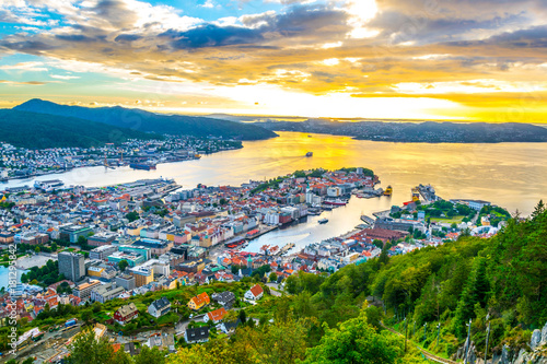 Sunset view on Bergen and harbor from the mountain floyen