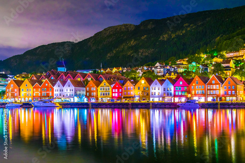 Night view of a historical wooden district Bryggen in the norwegian city Bergen.