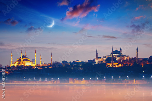 Famous landmarks Hagia Sophia and Blue Mosque in Istanbul, Turkey