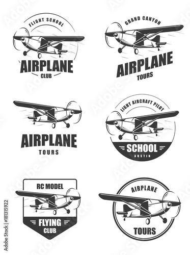 Light airplane related emblems. Set of vintage airplane emblems, badges and icons. Isolated lite airplane side view.