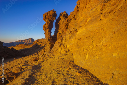 rocks on the Teide volcano in the light of the rising sun