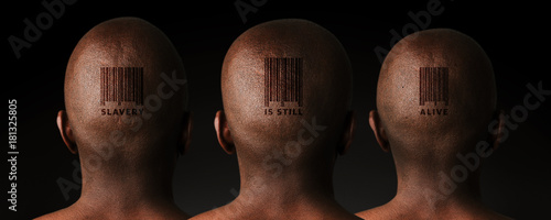 Illustrative image of three African men with retail barcode tattoos.