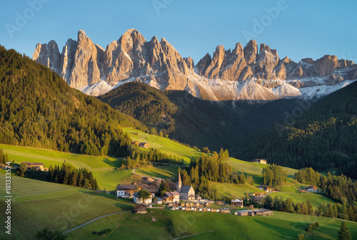 Mountain valley in the Italy alps. Beautiful natural sunset in the summer time