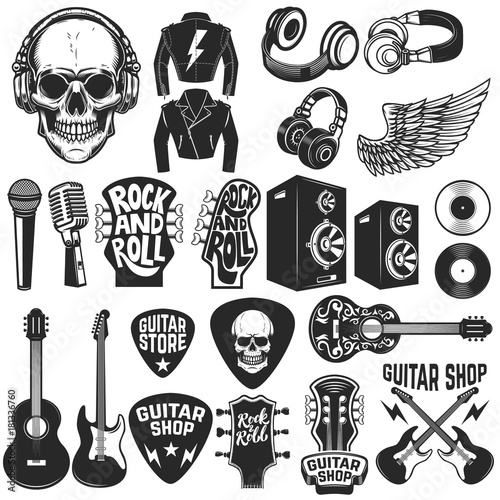 Set of the rock music design elements. Guitar shop. Design elements for logo, label, emblem, sign, poster. Vector illustration
