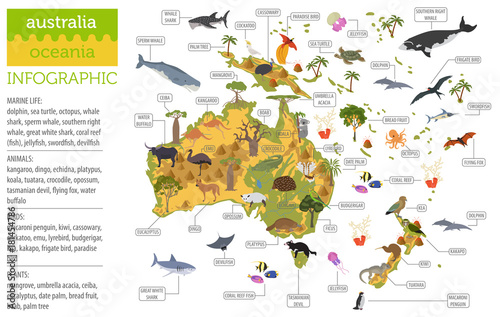 Australia and Oceania flora and fauna map, flat elements. Animals, birds and sea life big set. Build your geography infographics collection