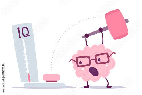 Vector illustration of pink color human brain with glasses hits with a hammer to measure level iq on white background.