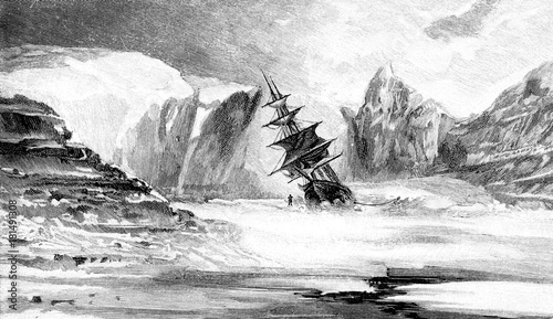 Vintage engraving of second Grinnell Arctic Expedition to Greenland in search of Franklin's lost expedition, year 1853