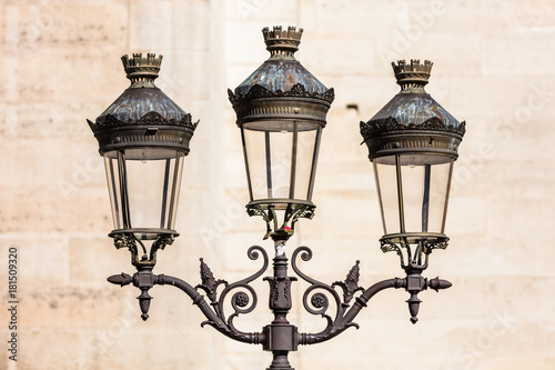 Vintage street lantern (lamppost) in front of Notre-Dame de Paris. Paris. France