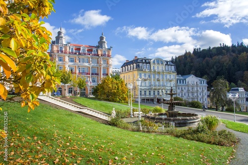 Goethe square and public park with fountain and spa houses in autumn - center of Marianske Lazne (Marienbad) - great famous spa town in the west part of the Czech Republic (region Karlovy Vary)