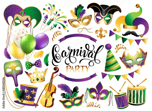 Mardi Gras French traditional symbols collection - carnival masks, party decorations. Vector illustration isolated on white background.