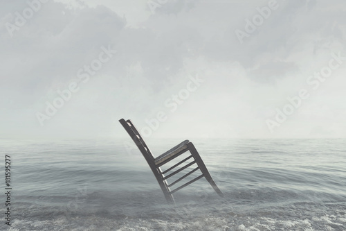 surreal image of a chair that is in oblique equilibrium alone
