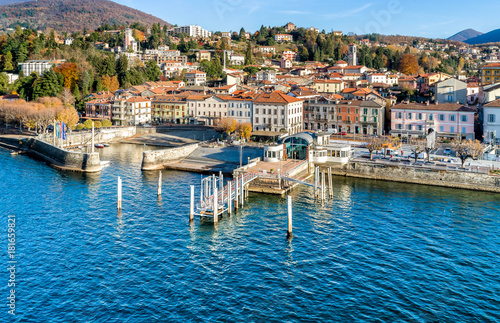 Aerial view of Luino, is a small town on the shore of Lake Maggiore in province of Varese, Italy.