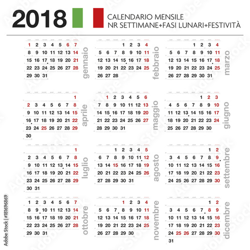 Calendario mensile Italiano 2018 con lune, festività e nr settimana