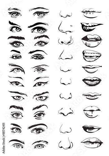 Face constructor with eyes, lips and noses. Hand drawn set. Vector illustration