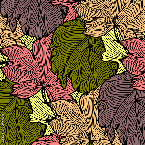 Background of autumn leaves, freehand drawing, engraving style