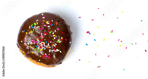 Decorated chocolate donut on white background