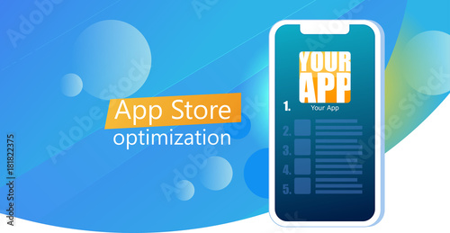 App store optimization banner. Mobile Application Marketing. Phone with a graph of growth up. Growing statistics