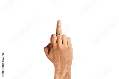 Male hand showing middle finger on white background, isolate.