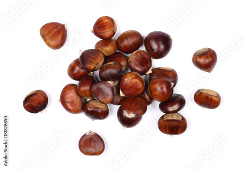 Pile edible chestnut isolated on white background, top view 