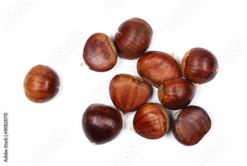 Pile edible chestnut isolated on white background, top view 