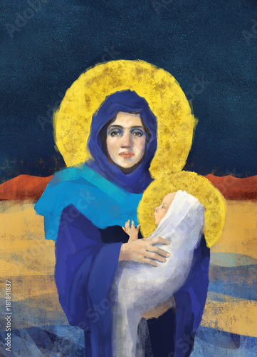 Mary and Baby Jesus Christmas Illustration