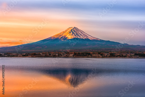 Mount Fuji and Lake Shojiko at sunrise in Japan.