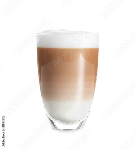 Glass with latte macchiato on white background