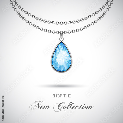 Silver chain necklace with diamond pendant. Vector Illustration