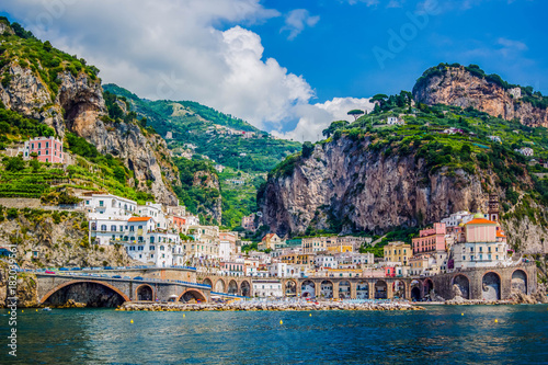 View from the sea on the beautiful architecture of the city of Amolphi, Italy