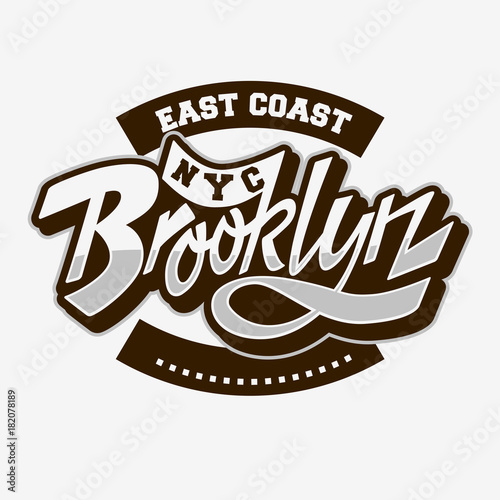 Brooklyn East Coast Custom Script Lettering Vintage Influenced Typographic Type Label Tee Print Design On A White Background.