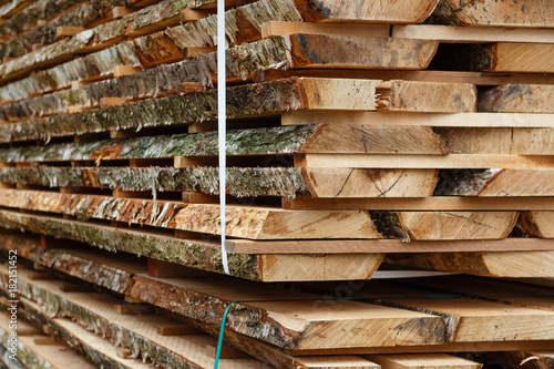 Pile of birch boards. Wood drying.