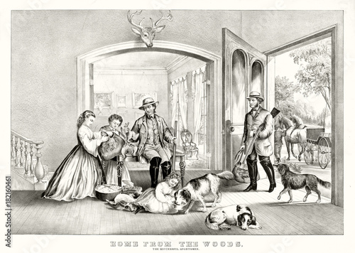 Men backing home after lucky hunting. Indoor scene in a beautiful ancient rich house. Old illustration by Currier & Ives, publ. in New York, 1867