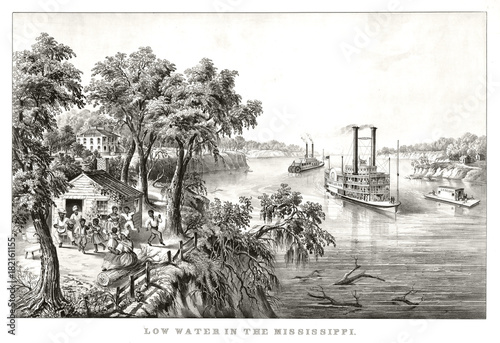 Tipical landscape along the Mississippi river. Vegetation, ancient huts and steam boats. Old illustration by Currier & Ives, publ. in New York, 1867