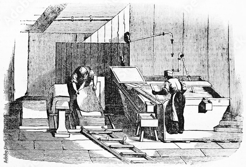 Two men working on a paper sheets production in an ancient paper factory. Old Illustration by unidentified author, published on Magasin Pittoresque, Paris, 1834