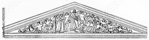 Triangular composition of La Madeleine church pediment in Paris, Christ on the center surrounded by angels and saints. Old reproduction by Lemaire, published on Magasin Pittoresque, Paris, 1834