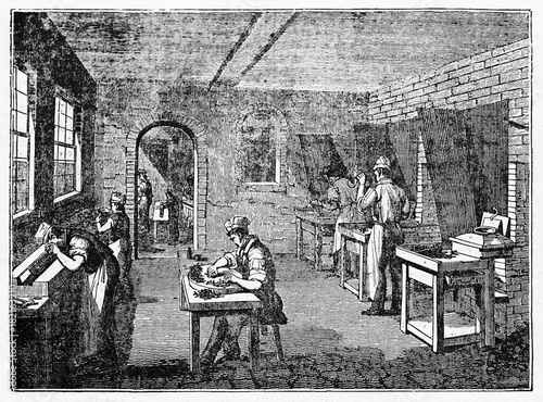 Ancient workers carrying forward their job in a type foundry. Old Illustration by unidentified author published on Magasin Pittoresque Paris 1834