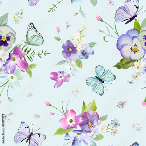 Seamless Pattern with Blooming Flowers and Flying Butterflies in Watercolor Style. Beauty in Nature. Background for Fabric, Textile, Print and Invitation. Vector illustration