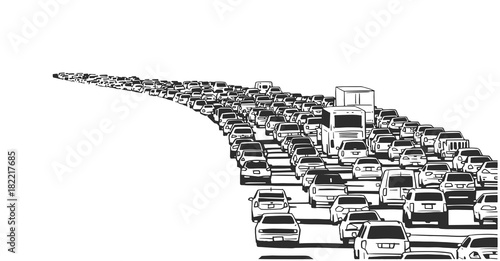 Illustration of rush hour traffic jam on freeway in black and white