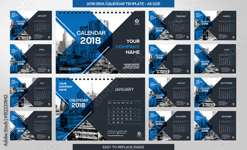 Desk Calendar 2018 template - 12 months included - A5 Size