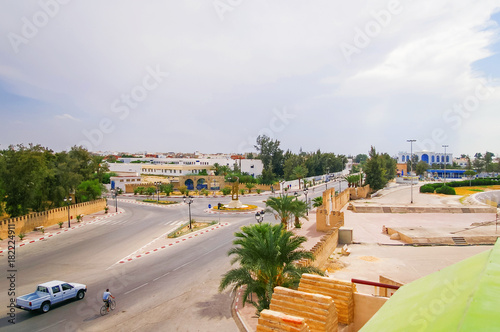 Suburbs of Kairouan city, Tunisia. Panorama view of crossroads from above.