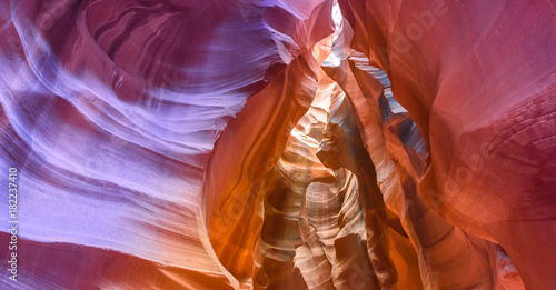 Upper Antelope Canyon. Natural rock formation in beautiful colors. Beautiful wide angle view of amazing sandstone formations. Near Page at Lake Powell, Arizona, USA