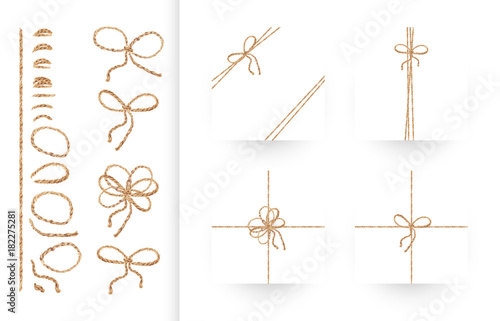 Set of ribbons, bows and ornaments made of natural linen rope and twines. Realistic illustration in vector. Collection of individual elements to create your own composition. EPS10