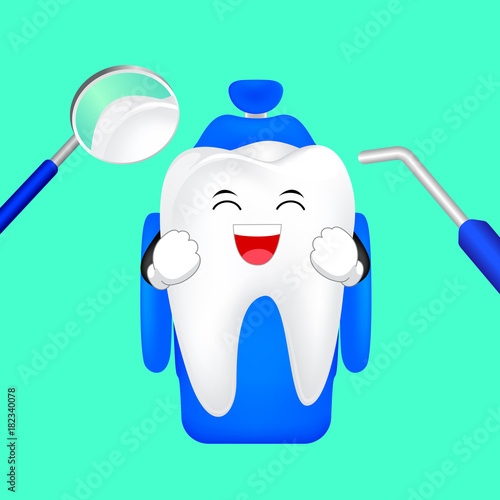 Cute cartoon tooth character smiling on dental chair. Visit dentist every 6 months, dental care concept. Illustration isolated on green background.