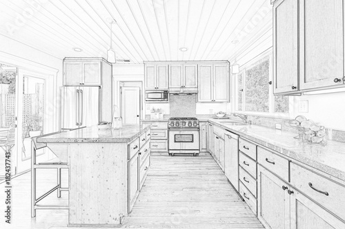 Split Screen Of Drawing and Photo of New Kitchen - Illustration