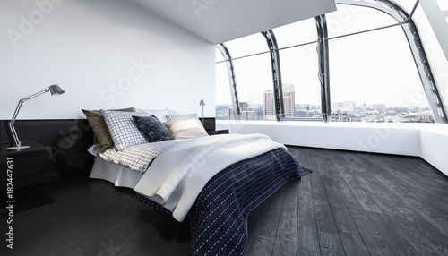 Bett in Luxus Schlafzimmer mit Holzboden
