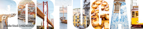 Portugal letters filled with pictures of famous places and landmarks in Portugal