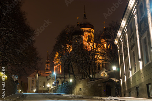 Tallinn Aleksander Nevski Cathedral at Winter Night